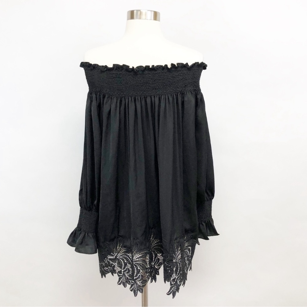 Anthropologie eri + ali black silky tunic with lovely lace details!